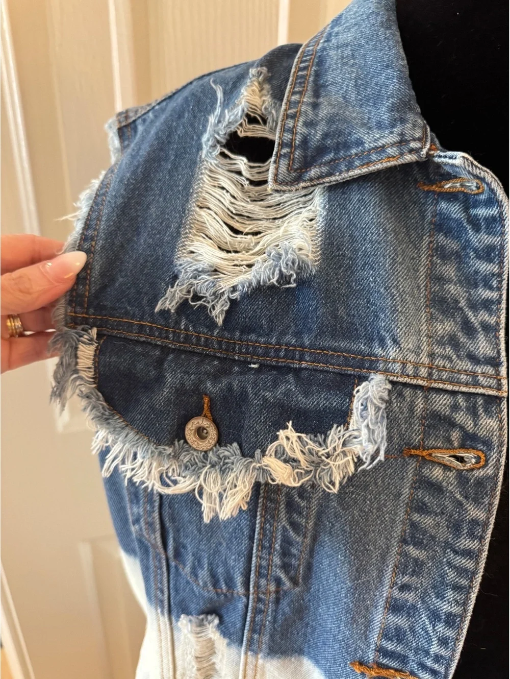 POL Women's Two-Tone Distressed Denim Vest with Back Text Large NWOT